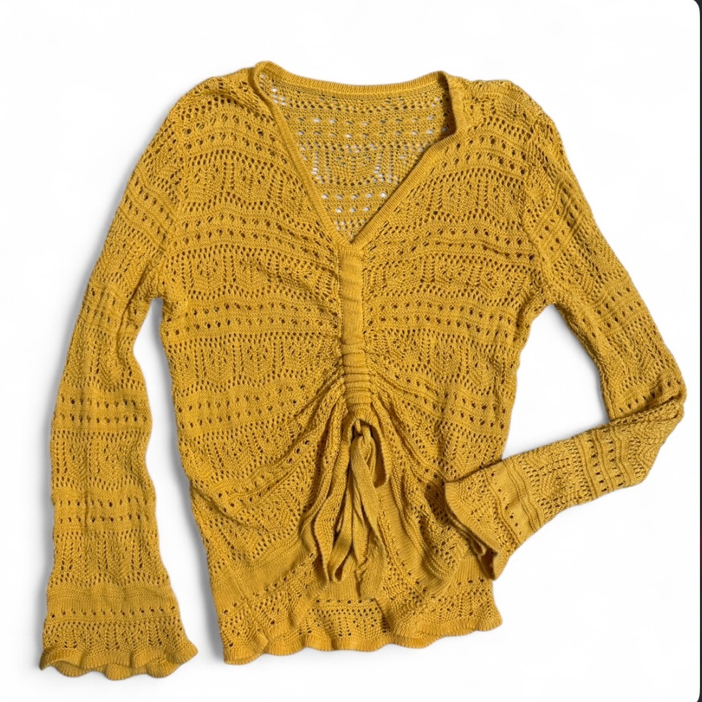 & Other Stories Mustard Yellow Crochet Tie-Front Sweater Top